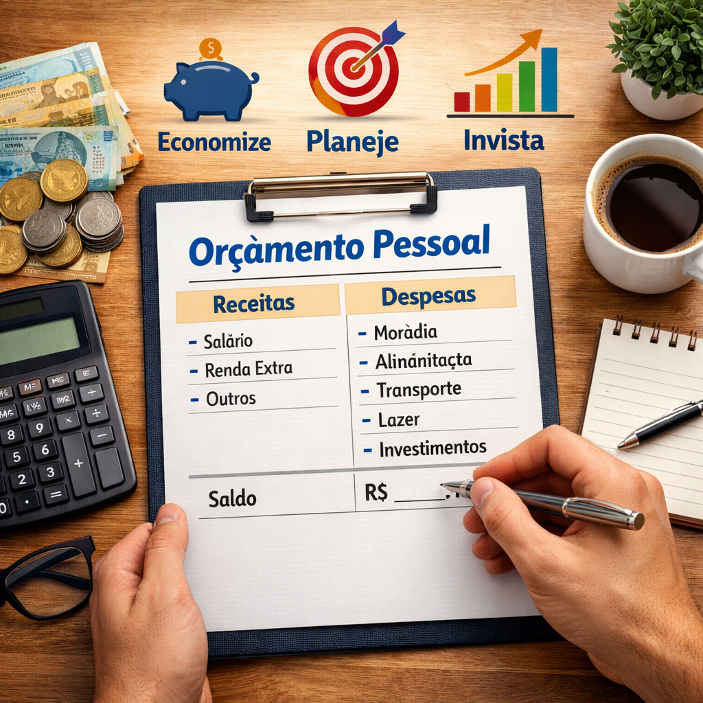 Exemplo de orçamento pessoal mostrando receitas, despesas e saldo para organização financeira